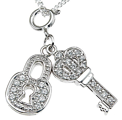 Sterling Silver Pave' Set Round Brilliant CZs Lock & Key Pendant w/ Chain Sterling Silver Pave' Set Round Brilliant CZs Lock & Key Pendant w/ Chain - Product Image
