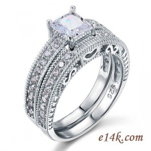 Sterling Silver Princess Antique Inspired Engagement ring with Matching Wedding Band