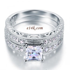 Sterling Silver Princess Antique Inspired Engagement ring with Matching Wedding Band