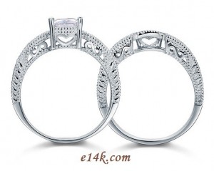 Sterling Silver Princess Antique Inspired Engagement ring with Matching Wedding Band