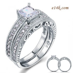 Sterling Silver Princess Antique Inspired Engagement ring with Matching Wedding Band