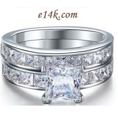 Sterling Silver Princess Channel Set Engagement ring with Matching Wedding Band