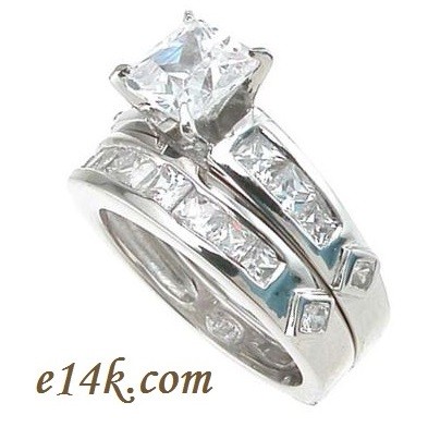 Sterling Silver Princess Channel Set Engagement ring with Matching Wedding Band