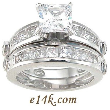 Sterling Silver Princess Channel Set Engagement ring with Matching Wedding Band
