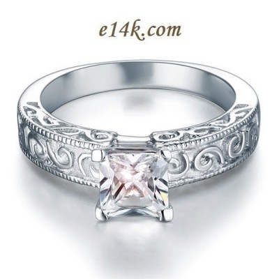 Sterling Silver Princess Cut Antique Style CZ Cubic Zirconia Engagement Ring