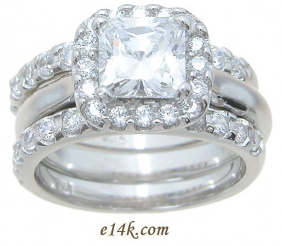Sterling Silver Princess Cut Halo Style Russian CZ Engagement Ring with 2 matching bands