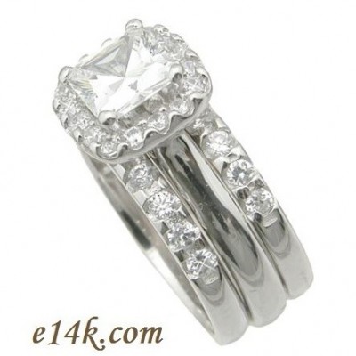 Sterling Silver Princess Cut Halo Style Russian CZ Engagement Ring with 2 matching bands