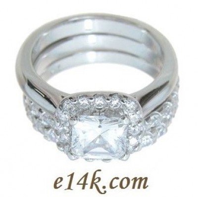 Sterling Silver Princess Cut Halo Style Russian CZ Engagement Ring with 2 matching bands