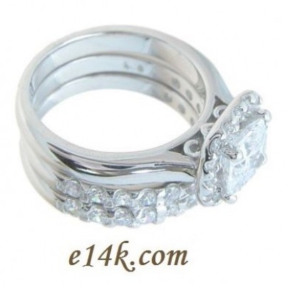 Sterling Silver Princess Cut Halo Style Russian CZ Engagement Ring with 2 matching bands