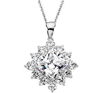 Sterling Silver Princess & Round Brilliant Halo Style Pendant w/ Chain Sterling Silver Princess & Round Brilliant Halo Style Pendant w/ Chain - Product Image