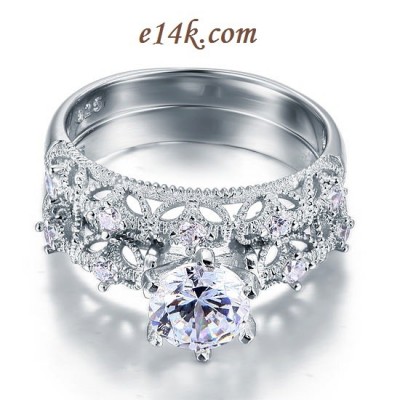 Sterling Silver Round Brilliant Antique Inspired Filigree Engagement ring with Matching Wedding Band
