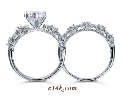 Sterling Silver Round Brilliant Antique Inspired Filigree Engagement ring with Matching Wedding Band