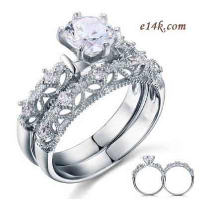 Sterling Silver Round Brilliant Antique Inspired Filigree Engagement ring with Matching Wedding Band