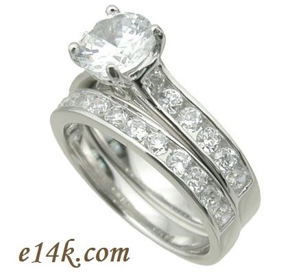 Sterling Silver Round Brilliant Cut Russian CZ Stone Engagement Ring &amp; Wedding Band