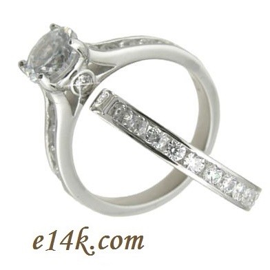 Sterling Silver Round Brilliant Cut Russian CZ Stone Engagement Ring &amp; Wedding Band