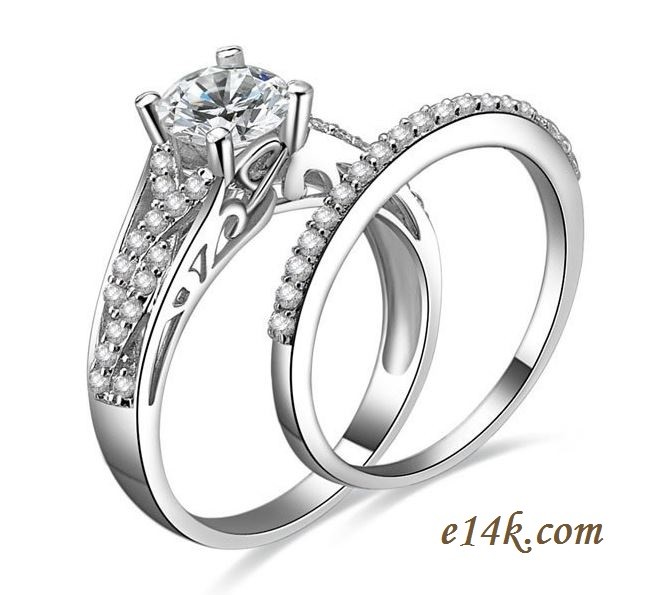 Sterling Silver Round Brilliant "Endless Love" CZ Engagement ring with Matching Wedding Band - Product Image