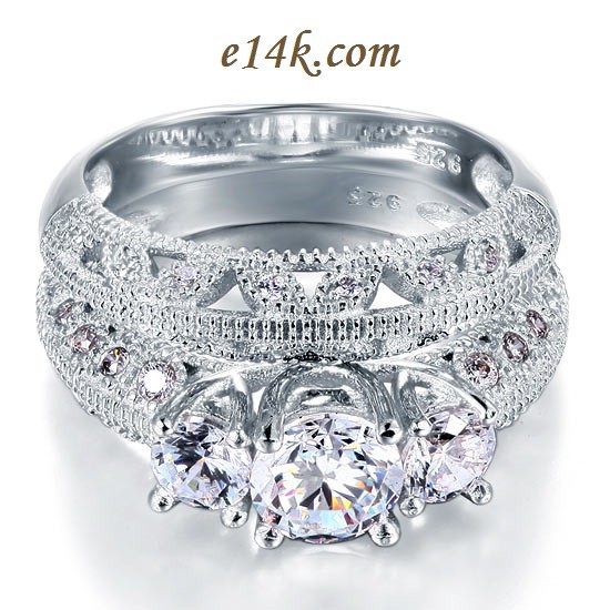 Sterling Silver Round Three Stone Antique Inspired Filigree CZ Engagement ring &amp; Matching Wedding Band