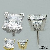 Sterling Silver Scroll Style CZ Princess Cut Cubic Zirconia Earrings - Product Image