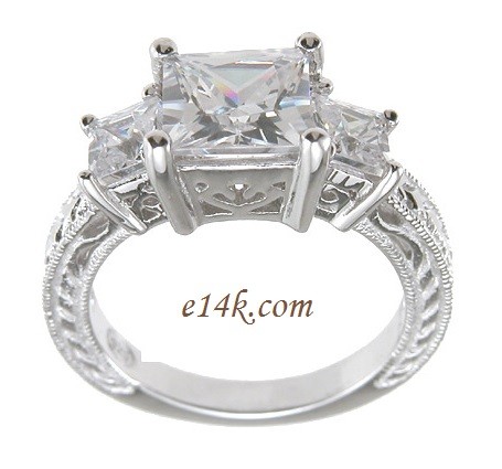 Sterling Silver Three Stone Princess Antique Inspired Engagement ring 