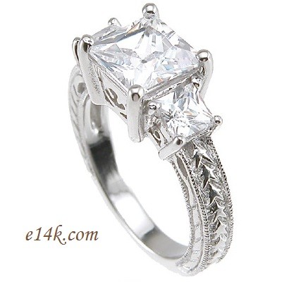 Sterling Silver Three Stone Princess Antique Inspired Engagement ring 