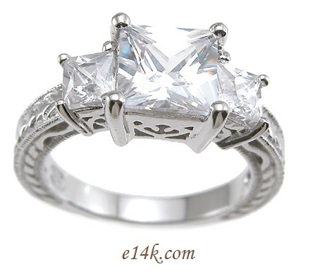 Sterling Silver Three Stone Princess Antique Inspired Engagement ring 