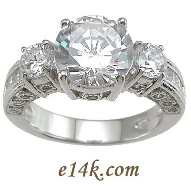 Sterling Silver Three Stone Round Brilliant Cut CZ Antique Inspired Engagement ring 