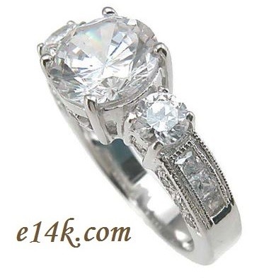 Sterling Silver Three Stone Round Brilliant Cut CZ Antique Inspired Engagement ring 