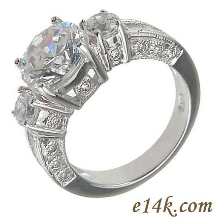 Sterling Silver Three Stone Round Brilliant Cut CZ Antique Inspired Engagement ring 