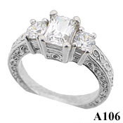 Solid Platinum 3 Stone Antique Engagement Ring Emerald Cut - Product Image